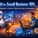 A man works on a laptop beside a robot, with digital charts and a cityscape in the background.