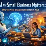 A robot, businesspeople, and automation icons illustrate AI’s role in small business automation by 2026.