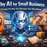 A robot head between a woman on a laptop and a man with a tablet, symbolizing AI for small business workflow.