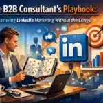 A man reviews marketing plans with LinkedIn icons and business graphics, promoting a B2B consultant’s playbook.