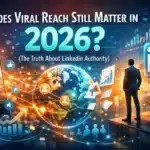 A man looks at LinkedIn icons, graphs, and a globe with text: "Does Viral Reach Still Matter in 2026?.