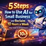 Woman with laptop and coffee, robot, and charts; text: 5 Steps to Use AI for Small Business, Reclaim 10 Hours a Week.