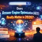 A futuristic scene asks if Answer Engine Optimization matters in 2026, with AI, hologram, and digital icons.
