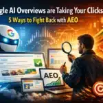 A robot and a man analyze web pages and graphs, representing strategies to compete with Google AI overviews.