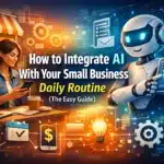 Woman in a café uses her phone while a robot displays data; icons represent AI and business tools.