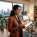 Smiling woman in a brown blazer holds a tablet in a modern office with plants and city view.