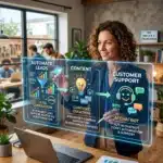 Woman presenting digital infographic on AI-powered lead generation, content creation, and customer support.