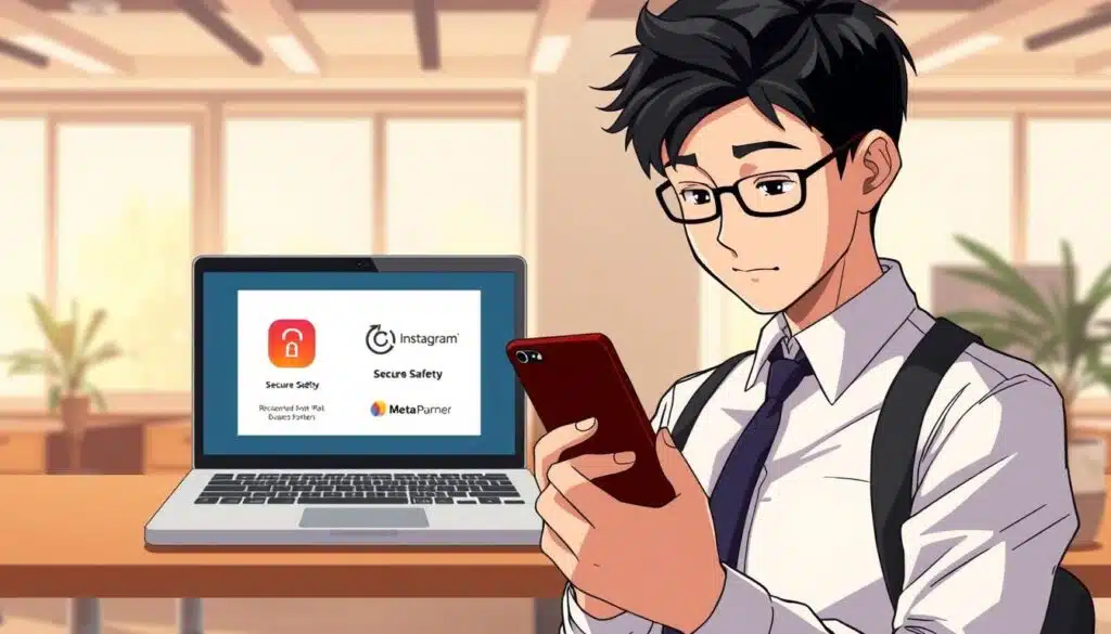 A professional business setting illustrating the concept of Instagram safety. In the foreground, a young professional, dressed in smart casual attire, is intently reviewing a smartphone displaying a secure Instagram interface. The middle layer features a laptop with graphic icons symbolizing safety tools, like a shield and checkmark, alongside logos of recognized Meta business partners, conveying trust. In the background, a softly lit office environment creates a warm yet focused atmosphere, with natural light filtering through large windows, emphasizing a sense of security and professionalism. The image captures a mood of confidence and assurance, suitable for a business article about account safety and automation tools. A professional business setting illustrating the concept of Instagram safety. In the foreground, a young professional, dressed in smart casual attire, is intently reviewing a smartphone displaying a secure Instagram interface. The middle layer features a laptop with graphic icons symbolizing safety tools, like a shield and checkmark, alongside logos of recognized Meta business partners, conveying trust. In the background, a softly lit office environment creates a warm yet focused atmosphere, with natural light filtering through large windows, emphasizing a sense of security and professionalism. The image captures a mood of confidence and assurance, suitable for a business article about account safety and automation tools.