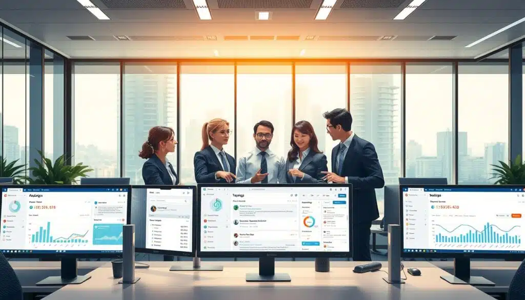 A professional office space dominates the foreground, with modern computer screens displaying analytics dashboards and tagging workflows. In the middle, a diverse group of three professionals in business attire discuss strategies, pointing at various visual data points on their screens. A sleek, organized inbox panel is visible, showcasing automated tagging features, with notifications and analytics graphs reflecting proactive sales insights. In the background, bright office lighting enhances a focused atmosphere, while large windows reveal a bustling cityscape, subtly emphasizing the connection between automation and business growth. The overall mood is dynamic and collaborative, highlighting the impact of smart DM automation on sales performance. Capture the image from a slightly elevated angle to convey depth and engagement within the workspace. A professional office space dominates the foreground, with modern computer screens displaying analytics dashboards and tagging workflows. In the middle, a diverse group of three professionals in business attire discuss strategies, pointing at various visual data points on their screens. A sleek, organized inbox panel is visible, showcasing automated tagging features, with notifications and analytics graphs reflecting proactive sales insights. In the background, bright office lighting enhances a focused atmosphere, while large windows reveal a bustling cityscape, subtly emphasizing the connection between automation and business growth. The overall mood is dynamic and collaborative, highlighting the impact of smart DM automation on sales performance. Capture the image from a slightly elevated angle to convey depth and engagement within the workspace.