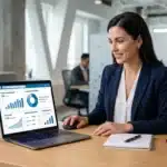 A woman in business attire works at a desk with a laptop displaying charts and graphs, perfect for B2B consultants seeking LinkedIn tips in a modern office.
