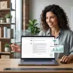 A woman at a desk uses a laptop with digital charts and productivity graphics displayed around her, showing how ChatGPT can supercharge small business productivity.