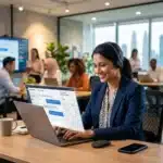Smiling woman with headset works on laptop in busy modern office with coworkers in the background.