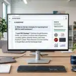 A computer monitor on an office desk displays an AI assistant answering a Future of Search query, with notes and charts visible.