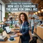 Smiling woman using a laptop in a cafe, surrounded by digital icons about AEO and small business.