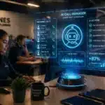 Woman at desk views a futuristic AI call manager hologram with call stats, actions, efficiency boost data, and features of a virtual receptionist for small business owners.
