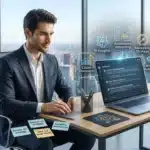 Man in suit at modern office desk with laptop, digital icons for AI marketing tools like ChatGPT for business floating around him, city view.