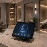 A tablet with a facial scan sits on a marble counter in a modern, elegant clinic reception area, seamlessly integrating AI for Med Spas to elevate the guest experience.