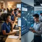 Split-screen: Woman in call center answers phone; man reviews digital dashboard with service calls in office.