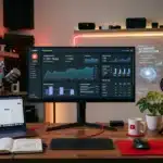 Modern desk setup featuring a computer, laptop, camera, ring light, microphone, and analytics on the screens—perfect for AI-powered YouTube Marketing or managing your growing YouTube Channel.
