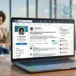 A laptop displays a LinkedIn profile for Dr. Evelyn Reed, showcasing her B2B Authority; in the background, a woman works at a desk.