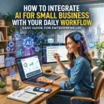 Smiling woman uses AI tools at desk with laptops, charts, and workflow icons in a modern office setting.