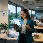 Woman in an office uses a tablet with virtual screens, smiling and wearing wireless earbuds.