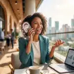 Smiling woman on phone at outdoor café, laptop open, with a digital ear graphic symbolizing communication.