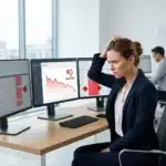 A worried businesswoman looks at a declining graph on her computer screen in a modern office.
