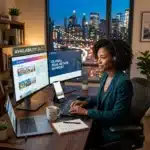 Woman at desk with multiple screens, headset on, working remotely in an office with city view at night.