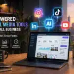 Laptop on desk displaying AI-powered social media software, with icons for Instagram, TikTok, LinkedIn, and YouTube above it—perfect to create social posts efficiently.