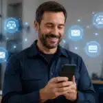 A smiling man holds a smartphone as icons for chatbots, email, and messaging float around him.