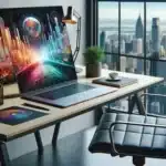 Modern office with a large computer displaying colorful digital art and affordable AI marketing solutions, overlooking a city skyline through large windows.