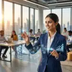 Businesswoman in modern office interacts with virtual AI interface displaying data and graphs, colleagues in background.