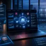 A laptop displays AI marketing tools, analytics, and social media icons in a modern office at night.