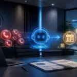 Futuristic office with AI chatbot icons handling calls and scheduling appointments on a desk with a laptop.