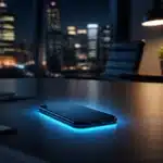 A smartphone glows on an office desk at night, with city lights visible through the window.