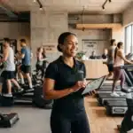 Smiling gym trainer with a tablet stands in a busy fitness center with people using treadmills.