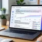 Person at desk viewing SEO strategy and performance graphs on a laptop, analyzing Google SGE data and AEO techniques in a modern office setting.