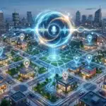 Futuristic smart city with interconnected buildings, voice assistant icons symbolizing voice search, and digital wave signals at dusk.