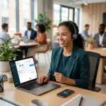 Smiling woman in headset using a laptop for a video call in a modern, open office with colleagues.