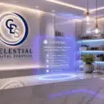 Modern med spa reception with "Celestial Digital Services" logo and a glowing AI assistant menu offering automated appointment scheduling on the marble desk.