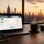 Laptop displaying a LinkedIn profile on a desk with coffee, books, and a sunset city skyline—perfect for B2B consultants focused on LinkedIn Marketing and attracting high-ticket clients.