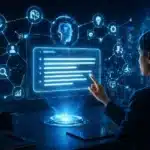A woman interacts with a futuristic holographic screen displaying AI, AEO, and technology icons in a dark office, highlighting advancements impacting Google Rankings.
