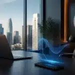 A laptop and smartphone sit on an office desk, with a blue hologram rising from the phone—illustrating AI Lead Qualification in real estate, against the backdrop of a city skyline outside.