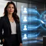 Businesswoman in office beside digital graphics of a robot and virtual profiles, symbolizing AI technology.