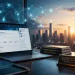 Laptop displaying LinkedIn profile on desk, city skyline in background, with networking icons and business books—perfect for B2B consultants exploring LinkedIn strategies.