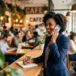 Smiling woman in a blazer talks on her phone and writes in a notebook at a busy, modern café.