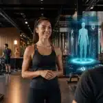 Two women in a modern gym interact with a holographic fitness display showing a human body diagram.