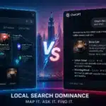 Split screen comparing Google Maps and ChatGPT local business search results for coffee shops, set against a vibrant cityscape background.