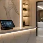 Modern reception desk featuring a touchscreen tablet with Automated Appointment Scheduling, elegant marble walls, and a spa treatment room in the background—bringing the Best AI for Med Spas to your front desk.